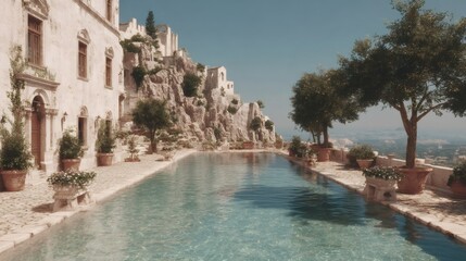 Ancient cliffside village with Mediterranean-style pool. Archeological site reconstruction. Historical tourism concept. Scenic view of coastal settlement ruins for educational poster