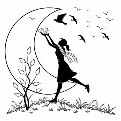 Silhouette view of woman being flown by birds. coloring page black and white