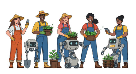 Diverse group of farmers and robots collaboratively gardening and caring for plants