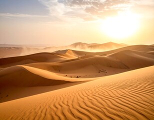 Rolling sand dunes at sunset, hazy light, windswept texture