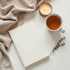 Minimal Flatlay with Journal, Candle and Herbal Tea