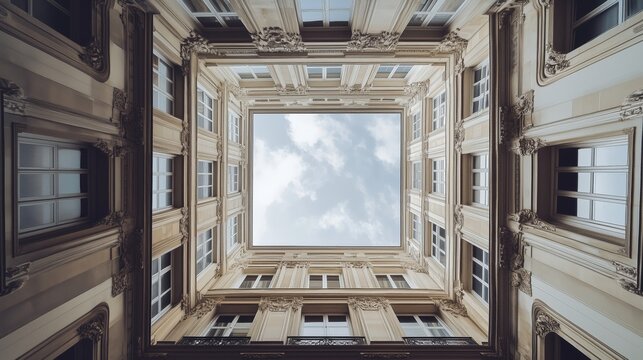 Unique perspective of an architectural courtyard showing a sky view in a classic building - Powered by Adobe