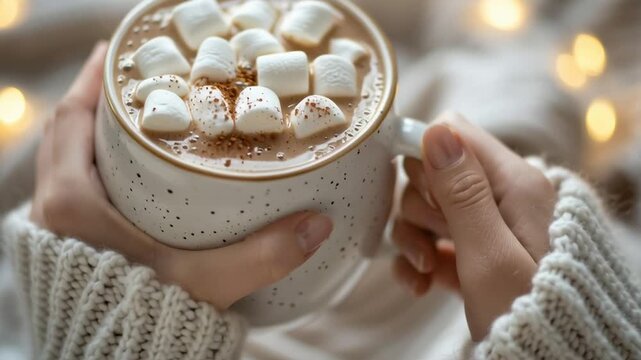 A person is holding a white mug with marshmallows in it. The mug is filled with hot chocolate and the marshmallows are floating on top. The person is wearing a white sweater