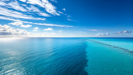 Obraz premium A wide-angle shot of calm blue ocean meeting a clear bright sky, minimalist composition, neat horizon line, clean natural background.