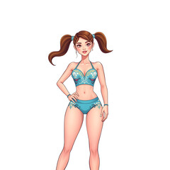 A cartoon girl in a bikini poses for the camera