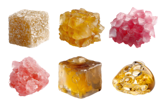 Assorted crystal candy with sugary textures, presented on black background, ideal for food-related content, candy product shots, and stylized presentations.