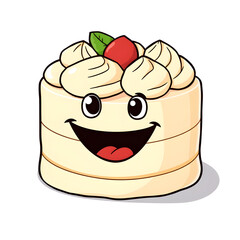 A cartoon cake with a smiling face and a cherry on top