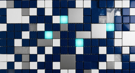 Fototapeta premium Blue white and silver mosaic tiles with glowing cyan squares