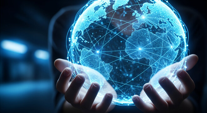 Hands holding a glowing digital holographic globe with connected blue network lines, futuristic technology, sharp focus, glowing lights, dark background, sci-fi concept art.