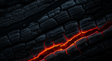 Obraz premium Close-up of glowing red embers within cracked burnt wood texture