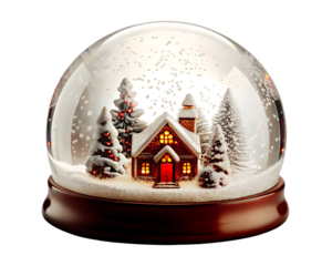 Christmas snow globe with a cozy house and snow-covered trees winter holiday isolated on a transparent background