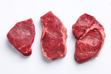 Obraz premium Three marbled raw beef steaks arranged side by side on a white surface