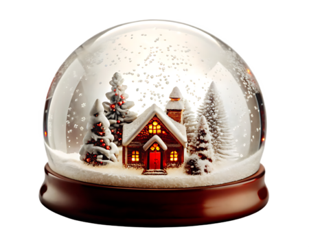 Christmas snow globe with a cozy house and snow-covered trees winter holiday isolated on a transparent background