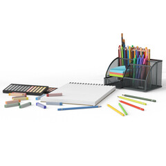 Top view of a sketchbook surrounded by colorful pencils, pastels, sticky notes, and desk organizer. Perfect concept for creativity, education, and artistic workspace.