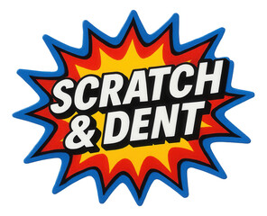 Colorful burst sticker with SCRATCH & DENT label in bold print, attention-grabbing retail discount offer on transparent background.