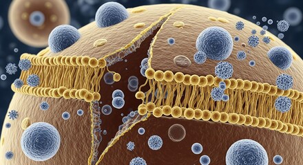 Scientific 3D illustration of a liposome's lipid bilayer membrane showing nanoparticle transport for advanced drug delivery.