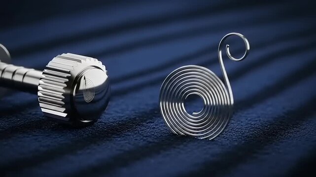 Close-up of a metallic screw and a spiral spring on a textured blue surface, showcasing intricate details