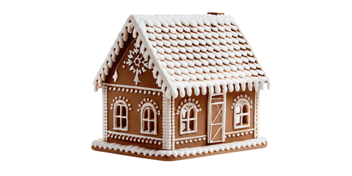 Decorated Gingerbread House with White Icing Roof and Windows christmas holiday isolated on a transparent background - Powered by Adobe