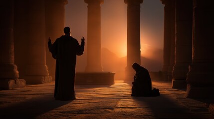 The parable of the Pharisee and the tax collector, illustrating the contrast between pride and humble repentance.