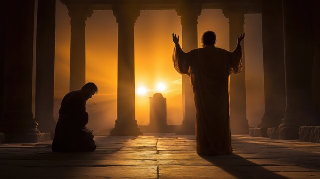 The parable of the Pharisee and the tax collector, illustrating the contrast between pride and humble repentance.