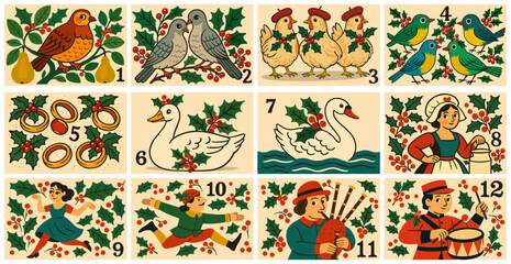 The twelve days of Christmas. English Christmas carol. Vector collection of images. Christmas countdown
