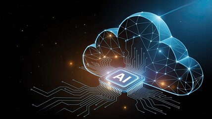 Abstract digital cloud computing network with ai chip and glowing circuits representing artificial intelligence and data storage technology