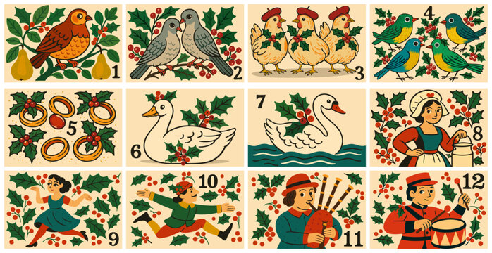 The twelve days of Christmas. English Christmas carol. Vector collection of images. Christmas countdown