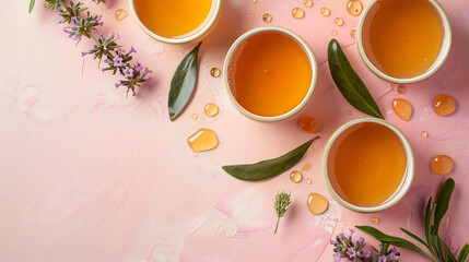 Luxurious golden liquid in bowls with delicate purple flowers and fresh green leaves on soft pink textured surface