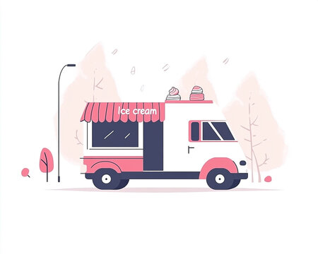 Whimsical Ice Cream Truck Illustration in Pastel Colors, Retro Style, Summer Treat