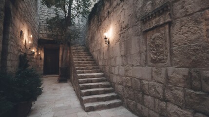 Fototapeta premium Ancient stone staircase in medieval castle dungeon. Flickering torches illuminate mysterious corridor. Archeological site exploration. Historical architecture concept