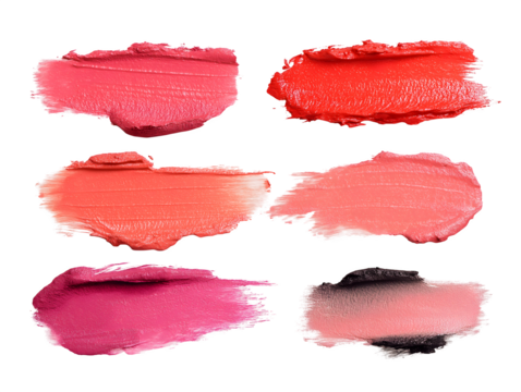 Lipstick texture swatches in reds and pinks display a glossy sheen on black. Ideal for makeup branding, beauty blogs, and social media posts.