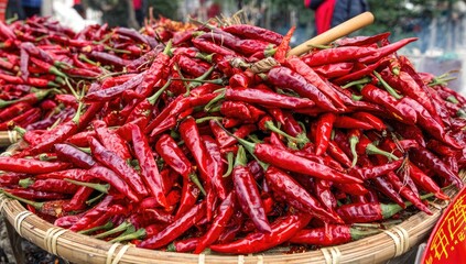 Fototapeta premium Dried red chili peppers overflowing a woven basket