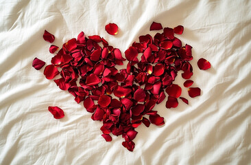 Romantic gesture of love and passion with rose petals in heart shape