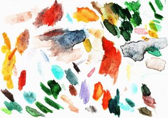 Various watercolor strokes in bright and muted colors blend dynamically on white paper, showcasing abstract shapes and textures. This colorful palette makes a lively artistic statement.