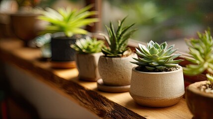 A Collection Of Lush Green Succulents In Pots On A Wooden Shelf Basking In Soft Natural Light, Creating A Peaceful And Serene Atmosphere In A Home