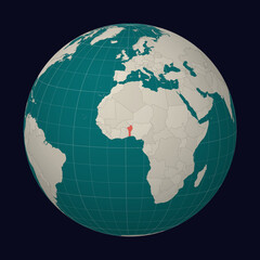 Republic of Benin on the map. Globe centered to Benin. Country location on the world map. Teal Pale Mint color palette. Globe with countries, meridians and parallels. Creative vector illustration.