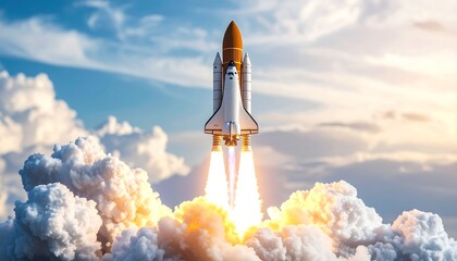 Obraz premium Rocket launch into a cloudy sky