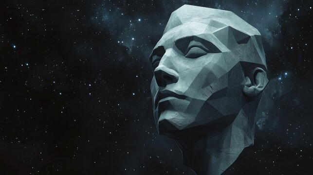 Geometric sculpted head, dreaming, starry night sky, deep space