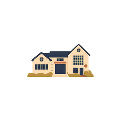 Modern two story house with large windows and dark roof