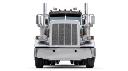 Detailed Front View Of A Heavy Duty Semi Truck Against A White Background A Powerful And Chrome Accented Vehicle Ideal For Transportation And