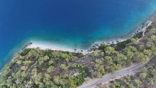 Drone image of goat beach in Muğla Akyaka and its white coast reminiscent of the maldives - Muğla Akyaka Ke&ccedil;i Beach