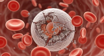 Microscopic 3D illustration of a diseased or cancerous cell breaking apart within the bloodstream surrounded by red blood cells