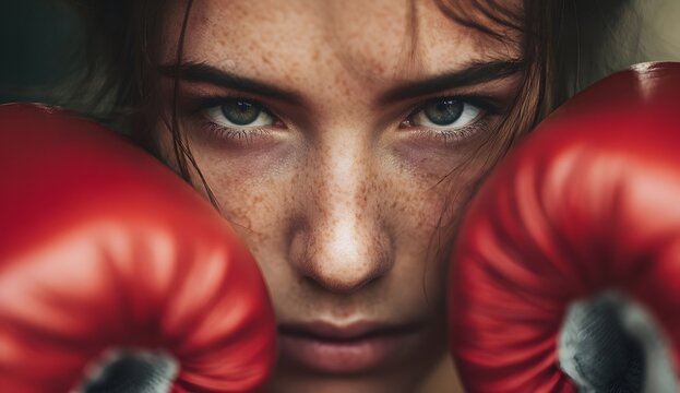 Fierce female boxer with intense eyes in red gloves, ready to fight. Close-up portrait showing strength, determination, and focus. Ideal for sports, fitness, and empowerment themes.