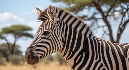 Fototapeta premium Close-up profile of a zebra's head and neck, showcasing its distinctive black and white stripes against a blurred background of African savanna trees and sky.