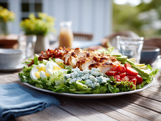Delicious cobb salad featuring chicken, bacon, eggs, avocado, tomatoes, and blue cheese. Perfect for healthy eating concepts, lifestyle blogs,  summer promotions.