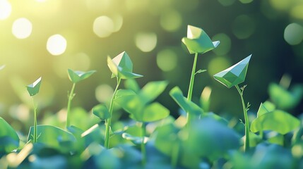 Geometric sprout growth, outdoor sunrise, nature background, fresh start concept