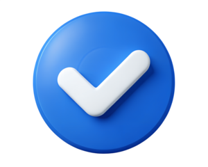3d illustration of a blue circle with a white check mark inside, symbolizing confirmation and success, isolated on transparent background