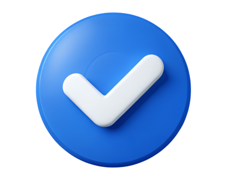 3d illustration of a blue circle with a white check mark inside, symbolizing confirmation and success, isolated on transparent background