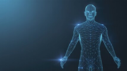 Futuristic digital human anatomy model glowing with blue light and intricate details against a dark background