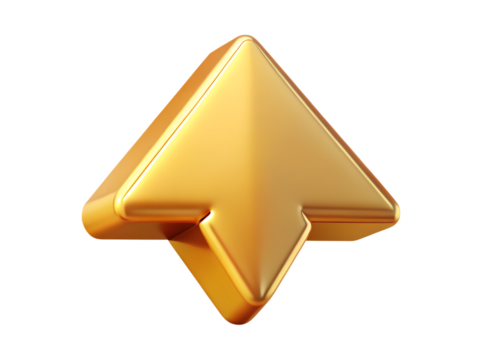 3d illustration of golden upward pointing arrow indicating progress, growth, and success, isolated on transparent background